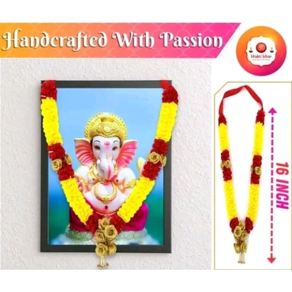 (16 Inches)Handmade Yellow & Red Artificial Satin Ribbon Garland for Photo Frame, God Idols and Loved Ones | Artificial Sartin Ribbon Mala for Photo, Bhagwan Murti - Pack of 1