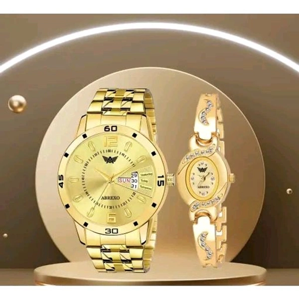 ABREXO, Abx1220- Gold Day & Date Watch + Golden Diamond Studded Bangle Watch Combo For Men & Women, Women Watches, Couple Watches Combo, Men Watches, Gold Watches for Couple, Valentine Day Gift, Anniversary Gift Combo, Unisex Watches, Gold Watch Combo For Couple, (Best Gift Pack for Couple)