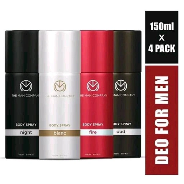 The Man Company Deodorant for Men Combo - 4 X 150ml | Blanc, Fire, Night & Oud Body Spray | Long-Lasting Fragrance Gift Set | Everyday Use Deodorant