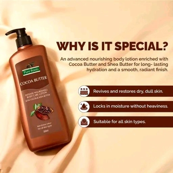 Pure Roots Cocoa Butter Body Care Lotion ( 300ml *2 ) Pack of 2 | Non Sticky, Fast Observing Lotion for dry All Skin Type 