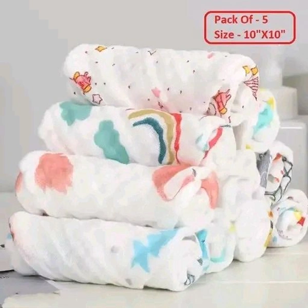 Frazix Muslin Cotton 6 Layer Printing Newborn Baby Boys Girls Face Towel Bibs Feeding Bath Towels for Kids(Size-10X10-Pack-5)