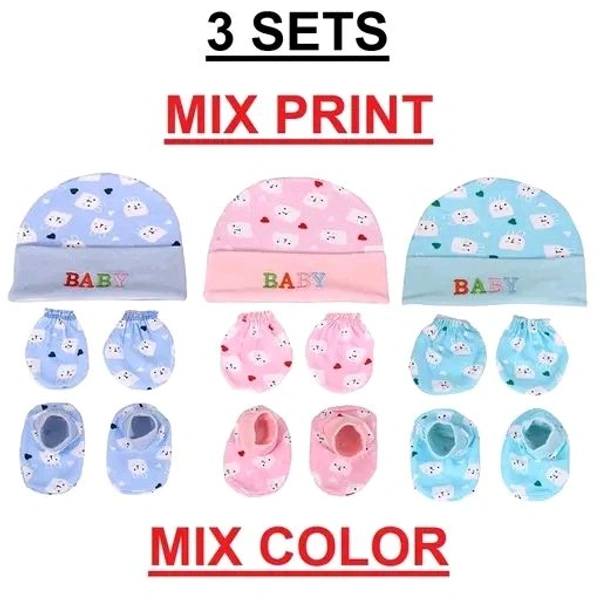 Newborn Baby Cotton Cap, Mitten and Booties Combo Set | Infant Cap Set | Mittens Set | Bootie Set | Kids Gloves & Socks Set | Baby Gift Set | 0-12 Months | Pack of 3 Sets - Multicolor-MultiPrint - 0-3 Month