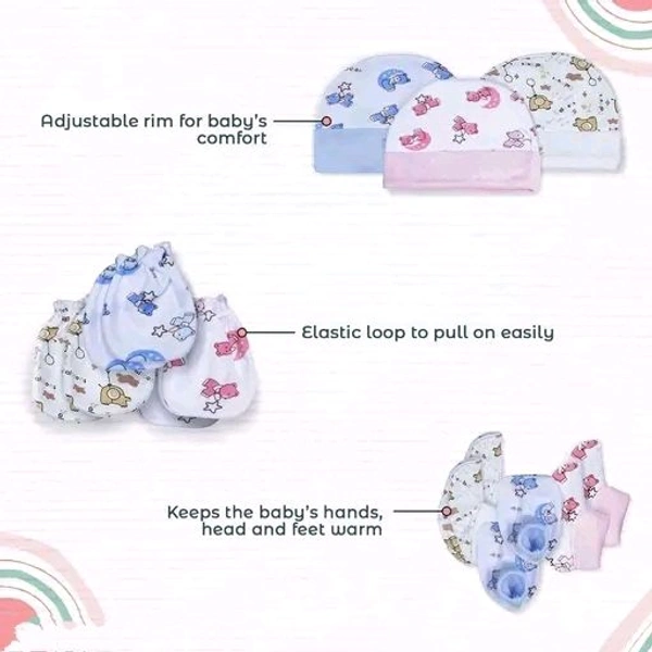 Newborn Baby Cotton Cap, Mitten and Booties Combo Set | Infant Cap Set | Mittens Set | Bootie Set | Kids Gloves & Socks Set | Baby Gift Set | 0-12 Months | Pack of 3 Sets - Multicolor-MultiPrint - 0-3 Month