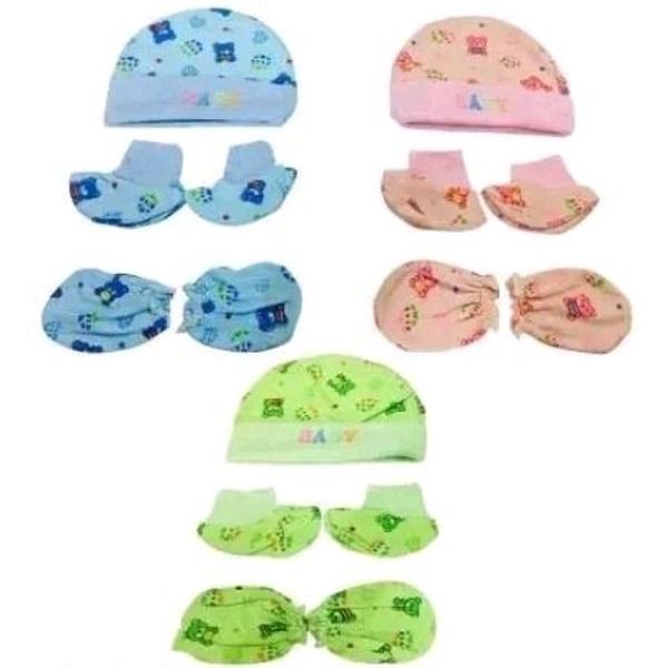 Newborn Baby Cotton Cap, Mitten and Booties Combo Set | Infant Cap Set | Mittens Set | Bootie Set | Kids Gloves & Socks Set | Baby Gift Set | 0-12 Months | Pack of 3 Sets - Multicolor-MultiPrint - 0-3 Month