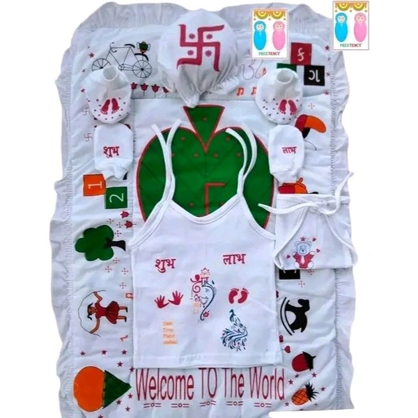 Naming Ceremony (Chhathi Set) With Mattress (Chhathi/Squire Pan Godadi Printed)Hosiery Soft Cloth Fabric, 0 to 3 Months. baby matters white , chathi pujan set