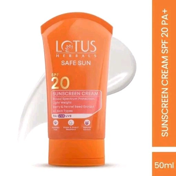 Lotus Herbals Safe Sun Sunscreen Cream - Breezy Berry SPF 20 PA+, Sweat & Waterproof, Berry extract, 50g