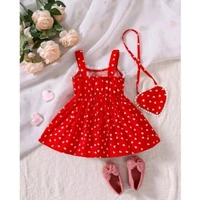 baby heart print guipure lace trim cami dress with bag | red with white hearts, A-line silhouette, lace, bows, A-line, one-piece, A-line dress, adjustable straps, button placket, buttons, sleeveless, square, above knee, Girls, partywear, cotton, summer, purse, shoes - Red, 0-1  Year