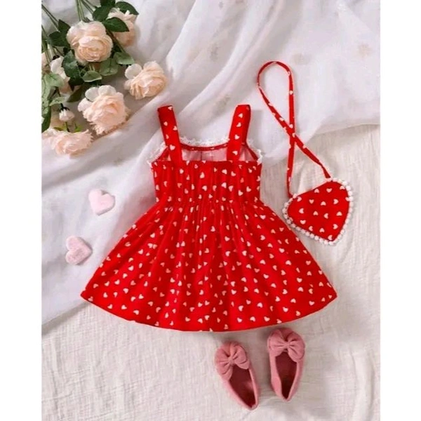 baby heart print guipure lace trim cami dress with bag | red with white hearts, A-line silhouette, lace, bows, A-line, one-piece, A-line dress, adjustable straps, button placket, buttons, sleeveless, square, above knee, Girls, partywear, cotton, summer, purse, shoes - Red, 0-1  Year