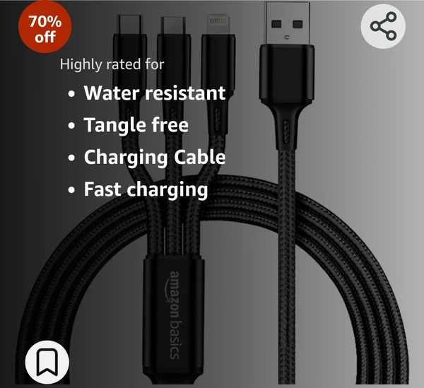 amazon basics 3-In-1 Charging Cable| Micro Usb, Type-C And Lightning, 15W Fast-Charging Cable | 1M, Wide Compatibility