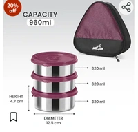 MILTON Trident Stainless Steel Lunch Box (3 Leak Proof Round Containers, 320 ml Each, 1 Spoon) with …See more