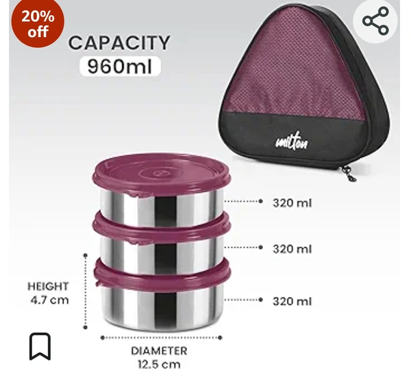 MILTON Trident Stainless Steel Lunch Box (3 Leak Proof Round Containers, 320 ml Each, 1 Spoon) with …See more