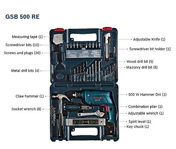 Bosch Professional GSB 500 RE Corded-Electric Drill Tool Set, 10 mm (Blue), 500 Watt, (100 Pc Accessory Set)