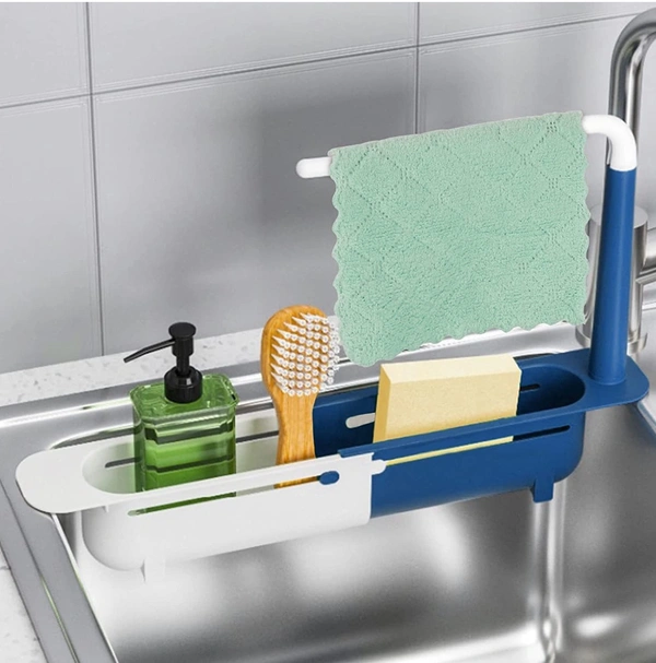 Styxon ABS PCENF5333 Plastic Telescopic Sink Storage Rack, Adjustable Telescopic 2-In-1 Sink Shelf Rack With A Dish Cloth, Expandable Sponge Soap Holder, Multicolor