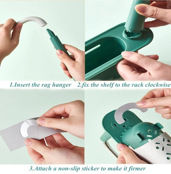 Styxon ABS PCENF5333 Plastic Telescopic Sink Storage Rack, Adjustable Telescopic 2-In-1 Sink Shelf Rack With A Dish Cloth, Expandable Sponge Soap Holder, Multicolor