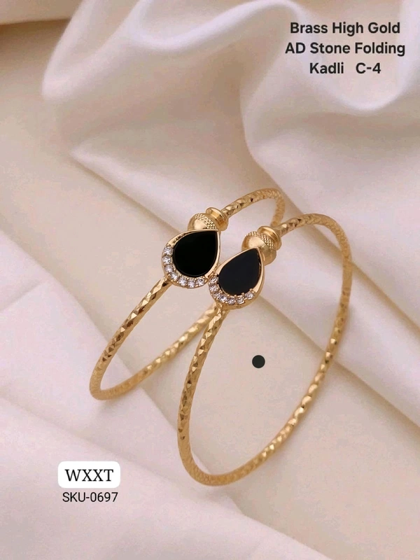 Kanaf ✨ KANAF Brass High Gold AD Stone Folding Kadli | Elegant Black Teardrop Design | Daily Wear Traditional Bangle | Model – C-4