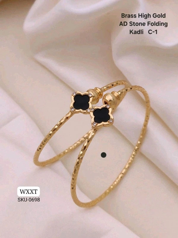 Kanaf ✨ KANAF Brass High Gold AD Stone Folding Kadli | Stylish Black Clover Design | Daily Wear Bangle | Model – C-1