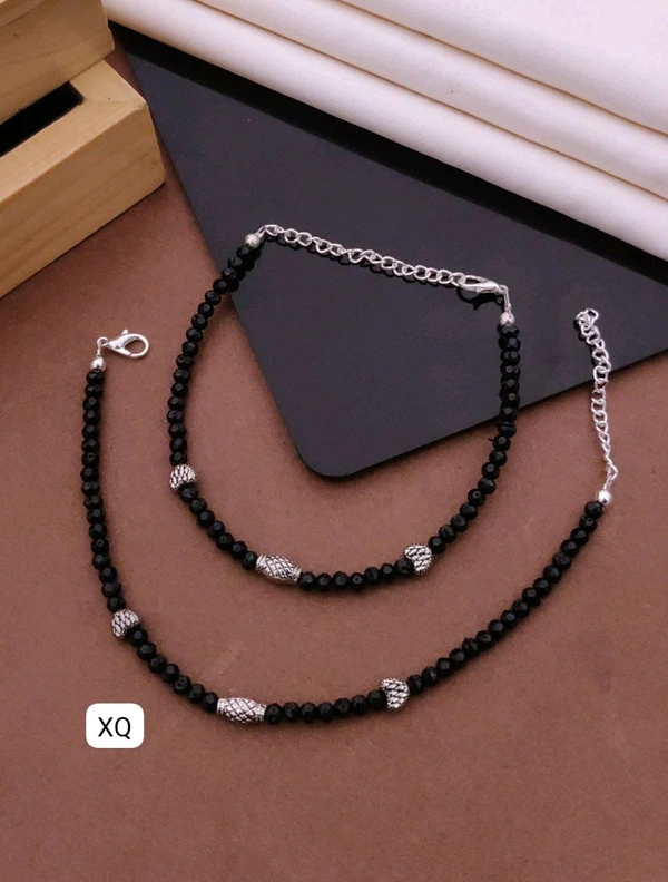 Kanaf ⚫ KANAF Fancy Black Beaded Silver Antique Design Anklet for Women & Girls | Stainless Steel Chain | Adjustable Pair | Daily Wear