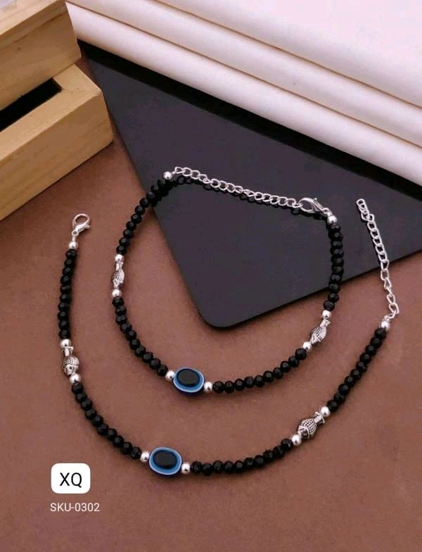 Kanaf ⚫ KANAF Fancy Black Beaded Evil Eye Anklet for Women & Girls | Stainless Steel Chain | Adjustable Pair | Daily Wear