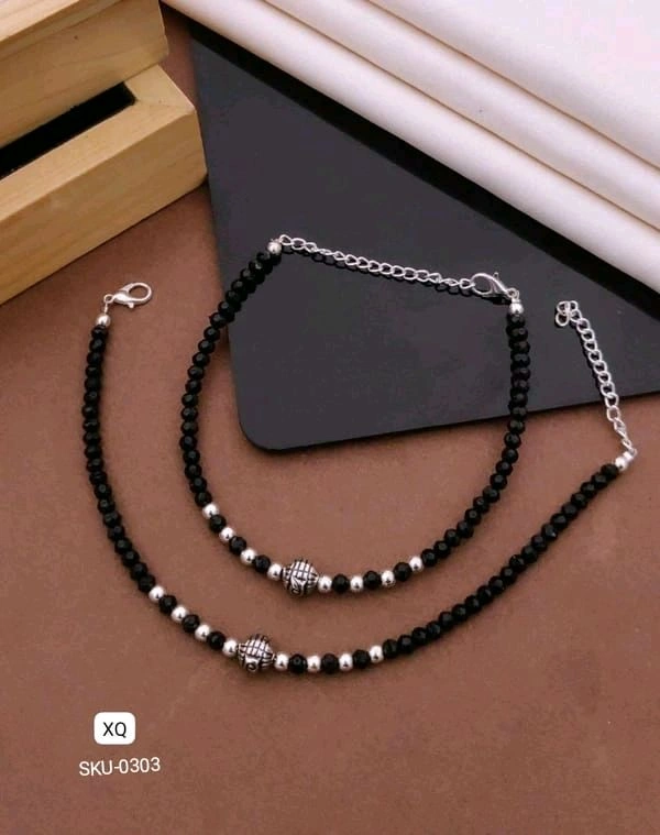 Kanaf ⚫ KANAF Fancy Black & Silver Beaded Anklet for Women & Girls | Stainless Steel Chain | Adjustable Pair | Daily Wear