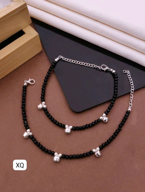 Kanaf ⚫ KANAF Fancy Black Beaded Anklet for Women & Girls | Stainless Steel Chain | Adjustable Pair | Daily Wear