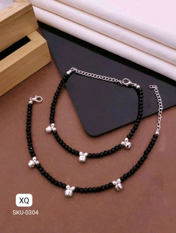 Kanaf ⚫ KANAF Fancy Black Beaded Anklet for Women & Girls | Stainless Steel Chain | Adjustable Pair | Daily Wear