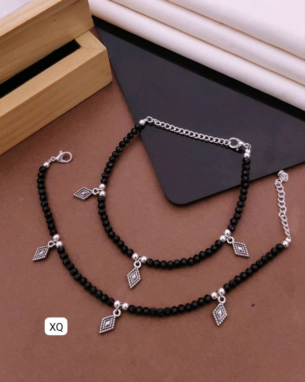 Kanaf 🖤 KANAF Fancy Black Bead Anklet for Women & Girls | Daily Wear Stainless Steel Payal | Oxidised Silver Charm Design