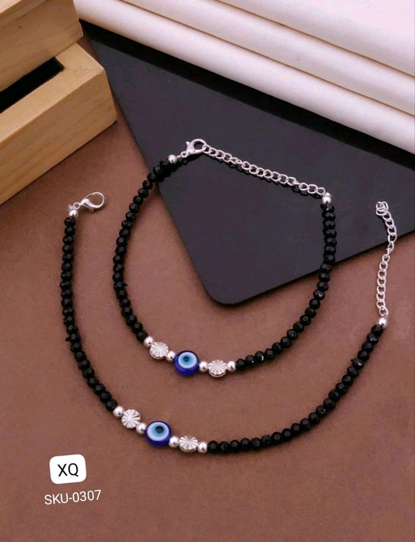 Kanaf 🧿 KANAF Evil Eye Black Beaded Fancy Anklet for Women & Girls | Stainless Steel Chain | Adjustable Pair | Daily Wear