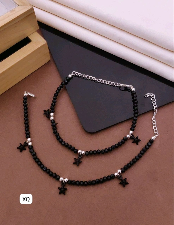 Kanaf ⭐ KANAF Fancy Star Charm Black Beaded Anklet for Women & Girls | Stainless Steel Chain | Daily Wear | Adjustable Pair
