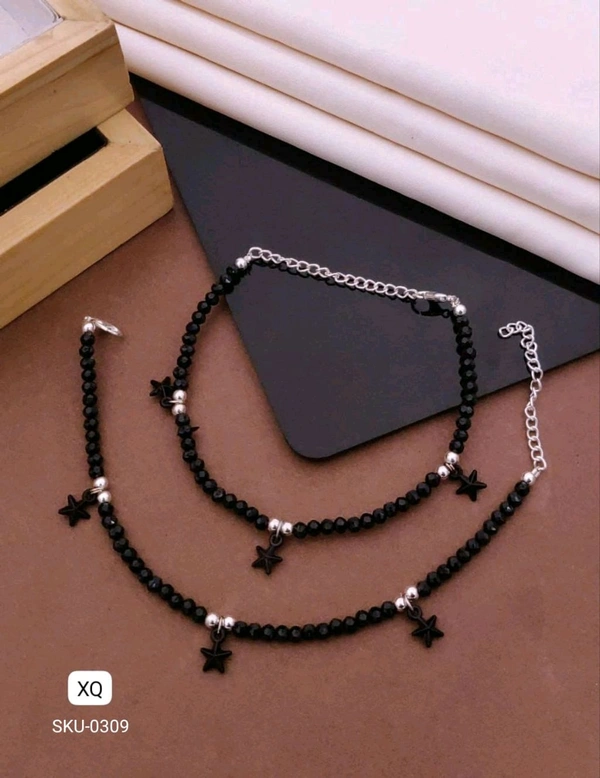 Kanaf ⭐ KANAF Fancy Star Charm Black Beaded Anklet for Women & Girls | Stainless Steel Chain | Daily Wear | Adjustable Pair
