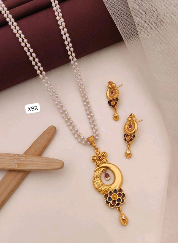 Kanaf 💫 KANAF CZ AD 1 Gram Forming Pendant & Tops Set with 2-Line Moti Mala (24″) | Vecum Kasting Floral Moon Design | Direct Gold Plating | Daily & Festive Wear