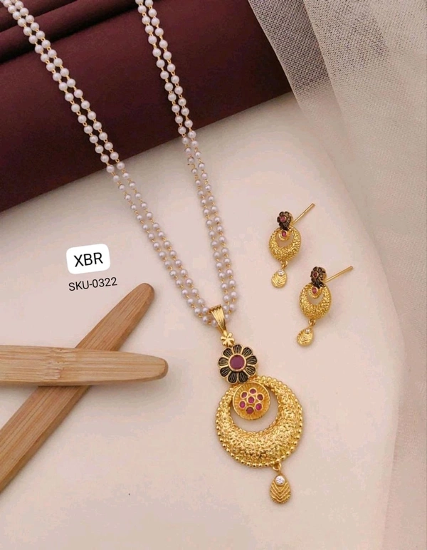 Kanaf 💫 KANAF CZ AD 1 Gram Forming Pendant & Tops Set with 2-Line Moti Mala (24″) | Vecum Kasting Floral Moon Design | Direct Gold Plating | Daily & Festive Wear