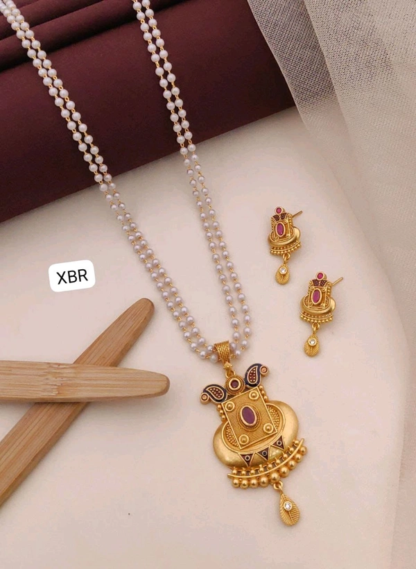 Kanaf 💫 KANAF CZ AD 1 Gram Forming Pendant & Tops Set with 2-Line Moti Mala (24″) | Vecum Kasting Tribal Shield Design | Direct Gold Plating | Daily & Festive Wear