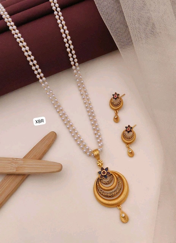 Kanaf 💫 KANAF CZ AD 1 Gram Forming Pendant & Tops Set with 2-Line Moti Mala (24″) | Vecum Kasting Moon Layer Floral Design | Direct Gold Plating | Daily & Festive Wear