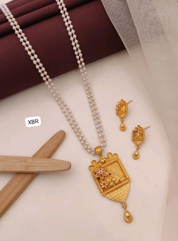 Kanaf 💫 KANAF CZ AD 1 Gram Forming Pendant & Tops Set with 2-Line Moti Mala (24″) | Vecum Kasting Square Floral Design | Direct Gold Plating | Daily & Festive Wear