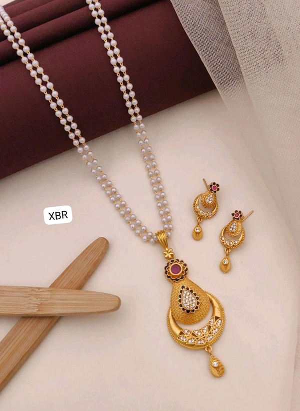 Kanaf 💫 KANAF CZ AD 1 Gram Forming Pendant & Tops Set with 2-Line Moti Mala (24″) | Vecum Kasting Half Moon Design | Direct Gold Plating | Daily & Festive Wear