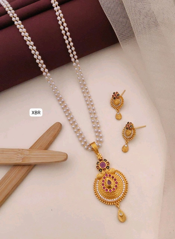 Kanaf 💫 KANAF CZ AD 1 Gram Forming Pendant & Tops Set with 2-Line Moti Mala (24″) | Vecum Kasting Round Floral Design | Direct Gold Plating | Daily & Festive Wear