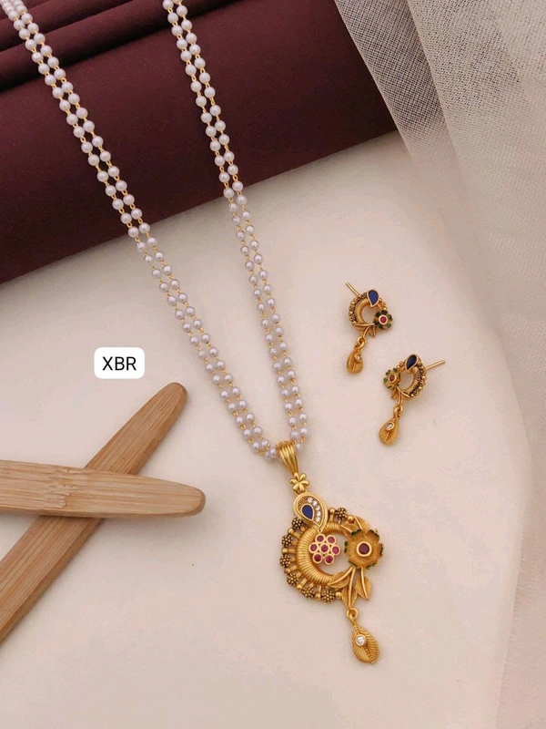 Kanaf 💫 KANAF CZ AD 1 Gram Forming Pendant & Tops Set with 2-Line Moti Mala (24″) | Vecum Kasting Floral Round Design | Direct Gold Plating | Daily & Festive Wear