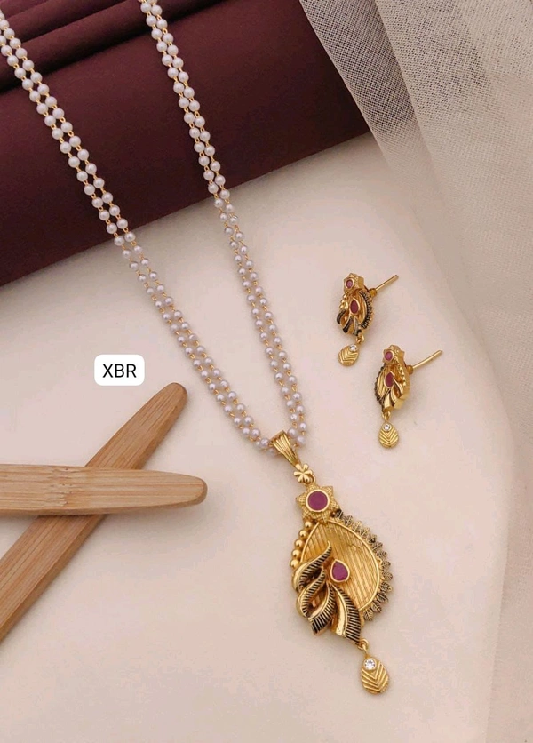 Kanaf 💫 KANAF CZ AD 1 Gram Forming Pendant & Tops Set with 2-Line Moti Mala (24″) | Vecum Kasting Leaf Design | Direct Gold Plating | Elegant Daily & Festive Wear