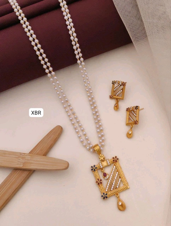 Kanaf 💫 KANAF CZ AD 1 Gram Forming Pendant & Tops Set with 2-Line Moti Mala (24″) | Vecum Kasting Square Frame Design | Direct Gold Plating | Daily & Traditional Wear