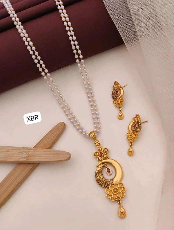 Kanaf 💫 KANAF CZ AD 1 Gram Forming Pendant & Tops Set with 2-Line Moti Mala (24″) | Vecum Kasting Floral Moon Design | Direct Gold Plating | Elegant Daily & Festive Wear