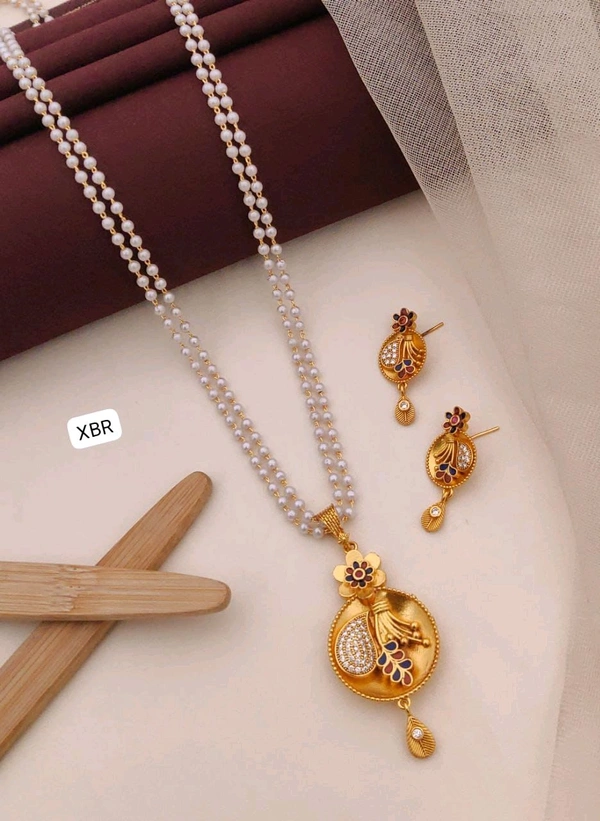 Kanaf 💫 KANAF CZ AD 1 Gram Forming Pendant & Tops Set with 2-Line Moti Mala (24″) | Vecum Kasting Floral Round Design | Direct Gold Plating | Daily & Festive Wear