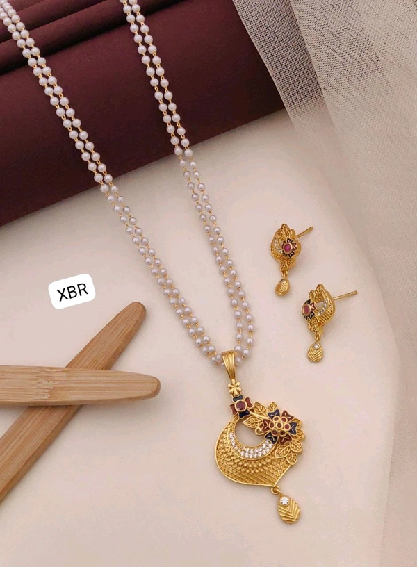 Kanaf 💫 KANAF CZ AD 1 Gram Forming Pendant Tops Set with 2-Line Moti Mala (24") | Vecum Kasting Floral Peacock Design | Direct Gold Plating | Traditional Daily & Festive Wear