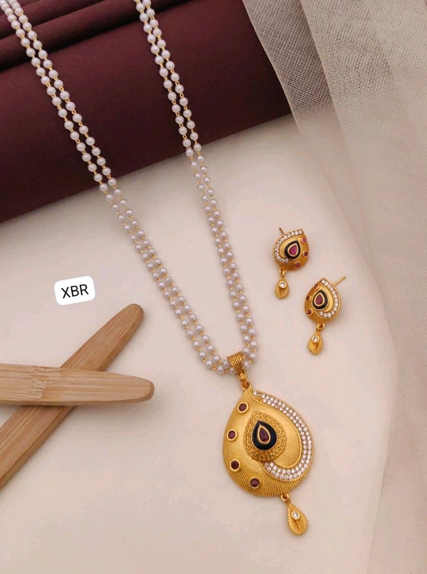 Kanaf 💫 KANAF CZ AD 1 Gram Forming Pendant & Tops Set with 2-Line Moti Mala (24") | Vecum Kasting Drop Design | Direct Gold Plating | Traditional Daily Wear