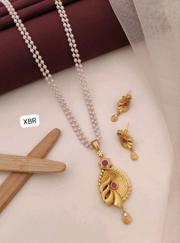 Kanaf 💫 KANAF CZ AD 1 Gram Forming Pendant Tops Set with 2-Line Moti Mala (24") | Vecum Kasting Peacock Leaf Design | Direct Gold Plating | Elegant Daily & Festive Wear