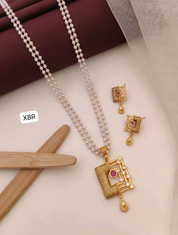 Kanaf 💫 KANAF CZ AD 1 Gram Forming Pendant Tops Set with 2-Line Moti Mala (24") | Vecum Kasting Design | Direct Gold Plating | Elegant Daily & Festive Wear