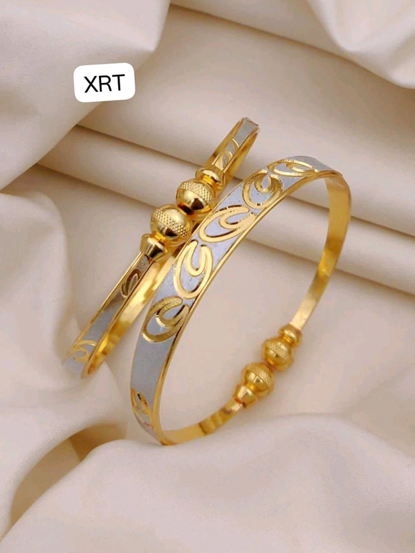 Kanaf ๐ KANAF Fancy Silver CNC Kada Folding Kadli (2 Pc Set) | Brass Direct Gold Plated | Dual Tone Daily Wear Adjustable Kada for Women & Girls