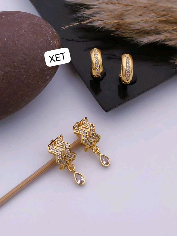 Kanaf π KANAF 2 Jodi Gold Bali Combo with AD Latkan | Geometric Design Earrings | Brass Micro Gold Plated Daily Wear Combo for Women & Girls