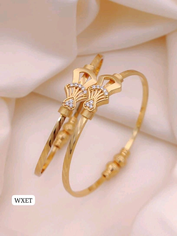 π KANAF CZ AD Fancy Folding Kadli (2 Pc Set) | Brass Micro Gold Plated Adjustable Kada | Daily Wear Free Size Gold Bangle for Women & Girls