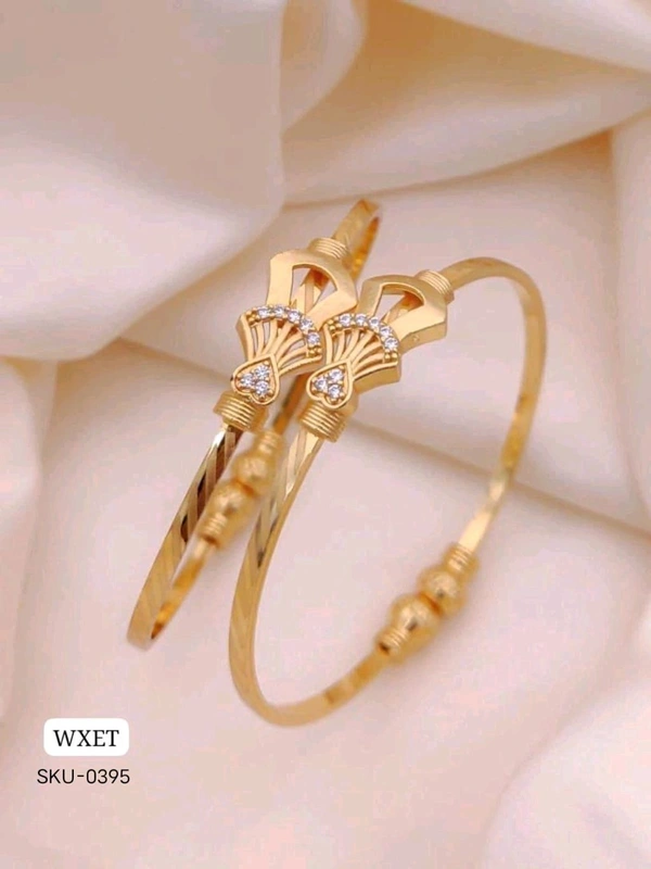 π KANAF CZ AD Fancy Folding Kadli (2 Pc Set) | Brass Micro Gold Plated Adjustable Kada | Daily Wear Free Size Gold Bangle for Women & Girls