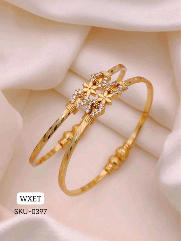 π KANAF CZ AD Fancy Folding Kadli (2 Pc Set) | Brass Micro Gold Plated Adjustable Kada | Floral Design | Daily Wear Free Size Gold Bangle for Women & Girls